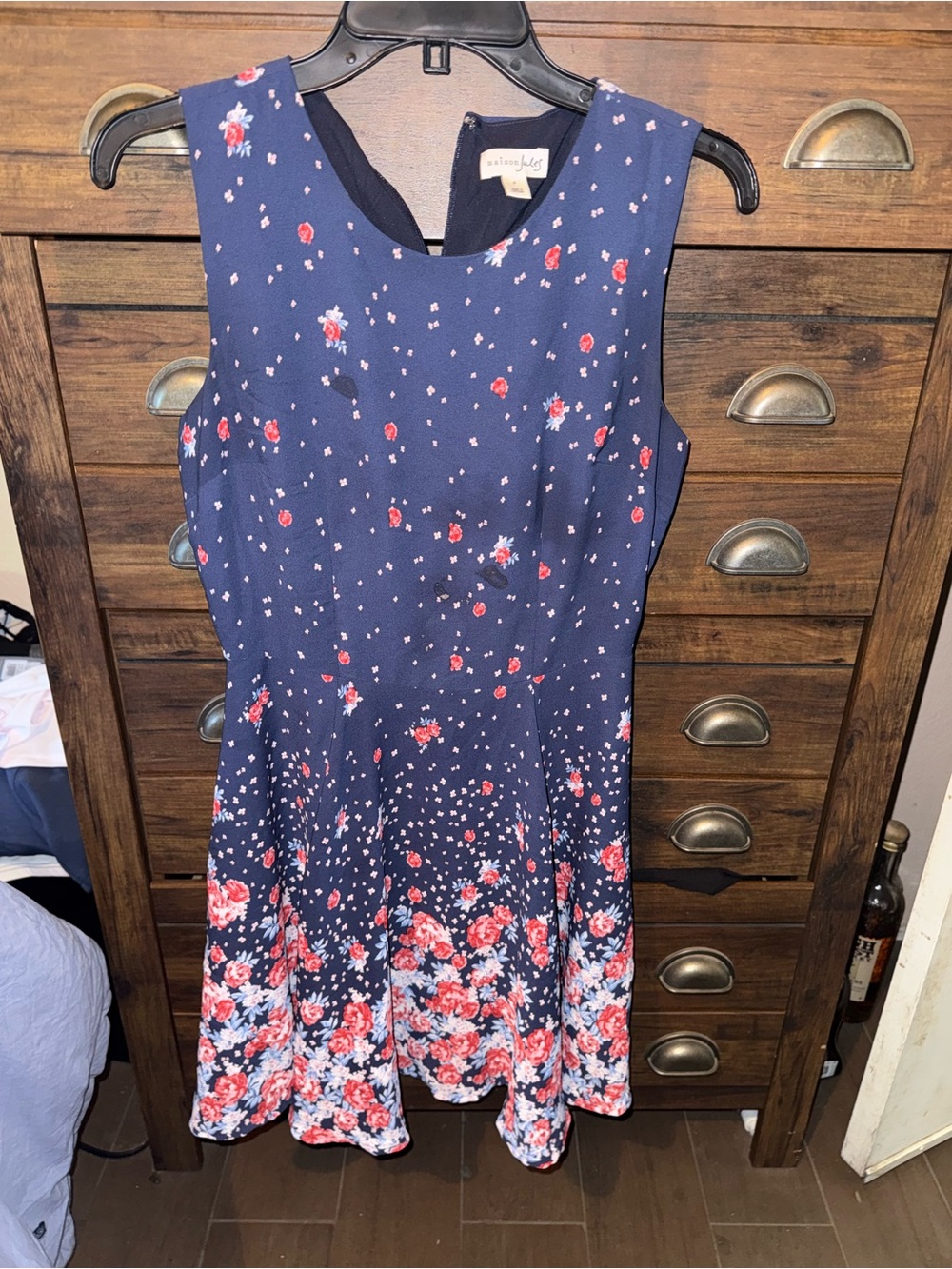 Maison Jules Navy Floral Fit & Flare Dress with Red and Pink Accents